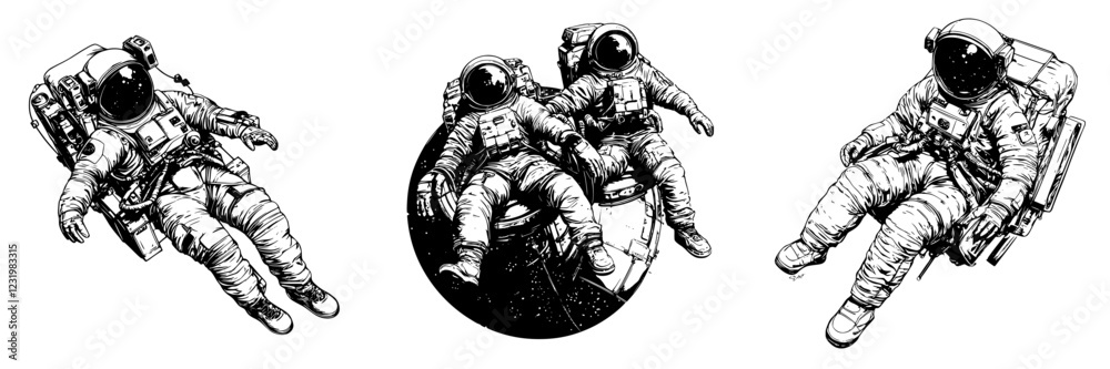 Wall mural exploration of space through the art of astronaut illustrations in a unique black and white style