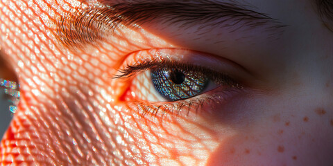 Close-up of Human Eye and Skin with Projected Light Pattern