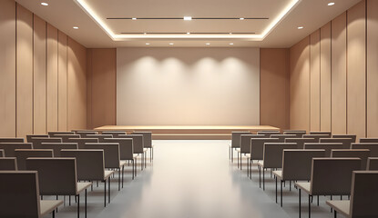 Modern conference hall with chairs and a stage, featuring minimalist design and lighting accents, ideal for corporate events or seminars. 3D Rendering
