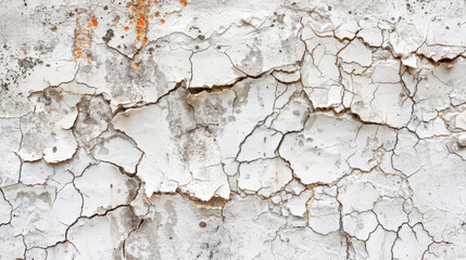 Cracked white wall with peeling paint and texture details, showcasing weathered surface and imperfections