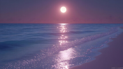 Pink And Purple Sunset Over Ocean Beach At Night