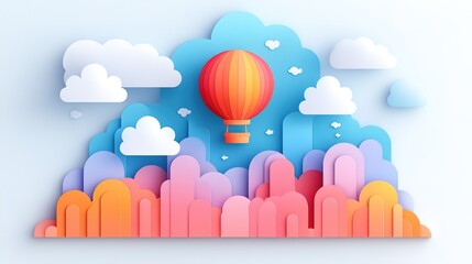 Colorful Hot Air Balloon Soaring Above Pastel Landscape