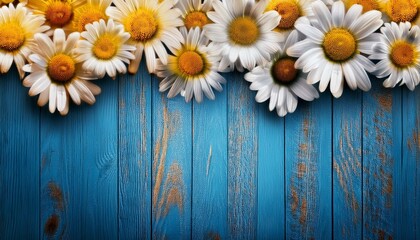 Obraz premium border of many white daisy flowers with yellow centres on blue wood background with copy space