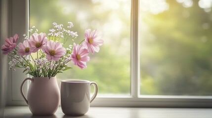 Celebrating International Women's Day with spring flowers and coffee, a peaceful morning at home