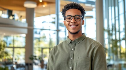 Obraz premium Business professional portrait of a smiling young male in a modern office setting