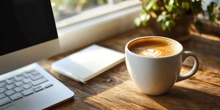 A clean and organized workspace showcases a computer next to a steaming coffee cup and a notepad. Soft natural light streams through a nearby window, creating a serene atmosphere
