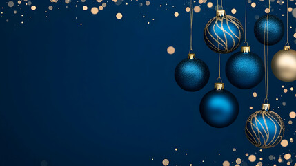 Elegant blue and gold Christmas ornaments hanging against a dark blue background, perfect for holiday greetings