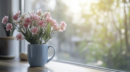Celebrating International Women's Day with spring flowers and coffee, a peaceful morning at home