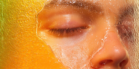Fototapeta premium Human Eye and Nose Partially Covered by Yellow-Orange Gel Mask