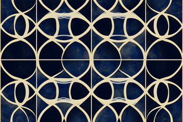 Elegant navy blue and gold geometric pattern tile design; seamless repeat for interior design projects