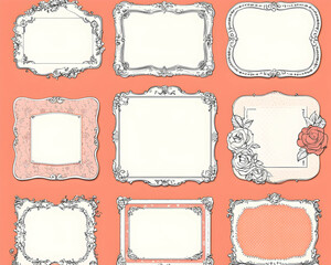 Elegant ornate frames collection on coral background; design elements for invitations, cards, scrapbooking