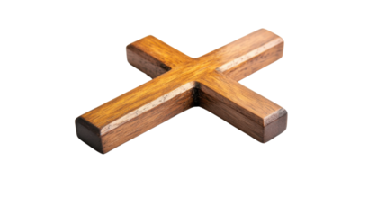 Wooden christian cross isolated on transparent background representing faith and spirituality