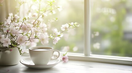 Celebrating International Women's Day with spring flowers and coffee, a peaceful morning at home