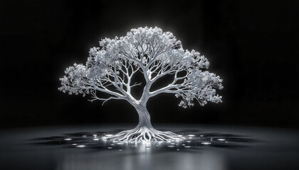 Metallic silver tree with glowing leaves on reflective surface, nature-tech balance