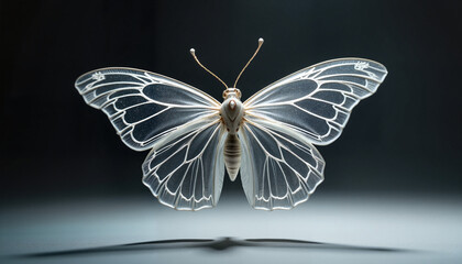 Delicate metallic butterfly forming in mid-air, surreal elegance