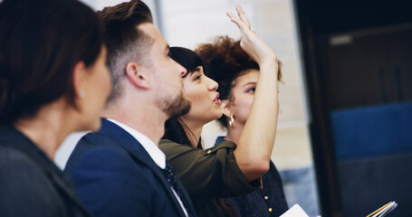 Business people, seminar or hands raised with question for meeting, presentation or speech at...