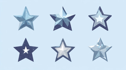 Fototapeta premium Silver game rank stars set isolated on blue background. Vector cartoon illustration of sparkling gray icons, symbols of score points, ranking progress reward, military buttons, gui design elements