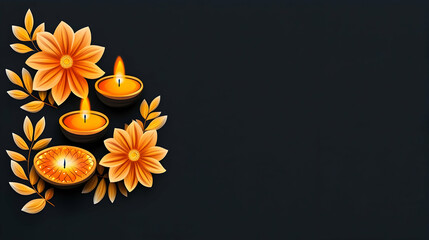 Obraz premium Festive orange diya candles and flowers on dark background; Diwali celebration greeting