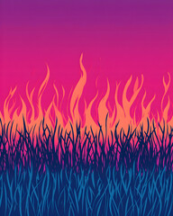 Fiery sunset over tall grass, nature background, design element