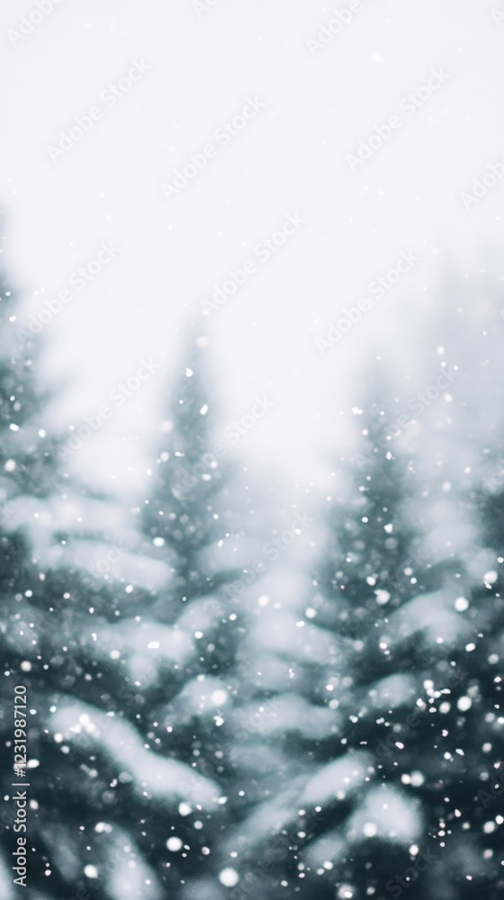 Poster snowflakes are gently falling on snow covered pine trees, creating a serene and magical winter wonde