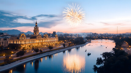 Fototapeta premium Fireworks over city lake and historic building at sunset