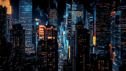 Night downtown street. Neon light city background. Perspective cityscape view with futuristic building. Abstract metaverse district scape with window glow. Cyber dark urban rooftop game panorama