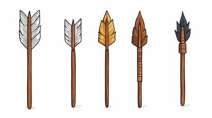 Five types of arrows, different fletching and designs, isolated on white background, for game design or history