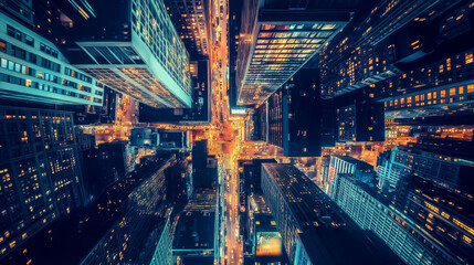 Obraz premium Night downtown street. Neon light city background. Perspective cityscape view with futuristic building. Abstract metaverse district scape with window glow. Cyber dark urban rooftop game panorama