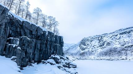 Frozen river valley winter landscape; snow-covered cliffs, bare trees; scenic background for travel brochure