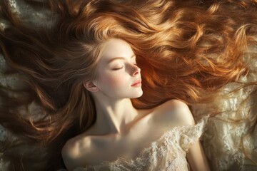 Fototapeta premium beauty portrait of serene woman with cascading hair in motion, soft natural lighting, flawless complexion, minimal makeup, ethereal atmosphere