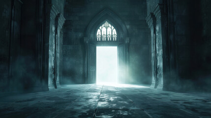 Obraz premium mysterious hallway with open door, illuminated by soft light, creates eerie atmosphere. stone walls and floor are damp, enhancing sense of intrigue and suspense