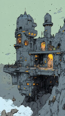 Futuristic mountaintop citadel; glowing windows; desolate landscape; concept art; sci-fi illustration