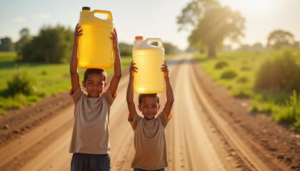 Brothers joyfully balancing water jugs on a dusty path, unity in purpose