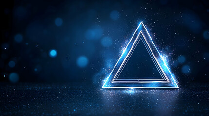 Glowing blue triangle on dark background, bokeh effect, abstract design, ideal for tech or music projects