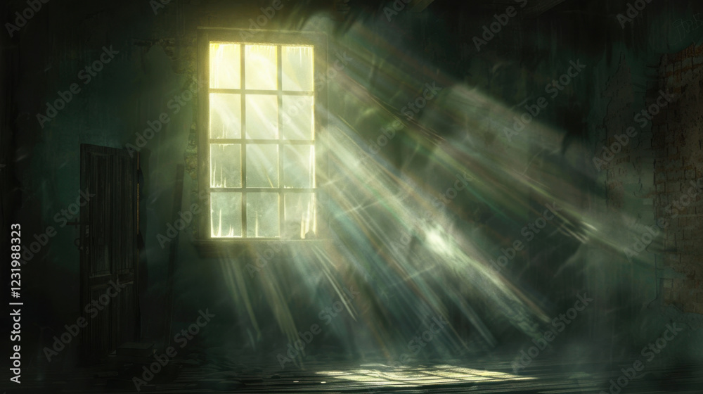 Wall mural sunlight streaming through dusty window in abandoned room, creating mystical atmosphere. interplay o