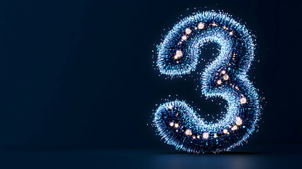 Glowing number three, dark background, particle effect, abstract design, website banner