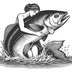 pin-up woman hugging a giant carp fish, playful and surreal sketch engraving generative ai fictional character vector illustration. Scratch board imitation. Black and white image.
