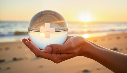 Hand holding globe with medical cross at sunrise, health symbolism