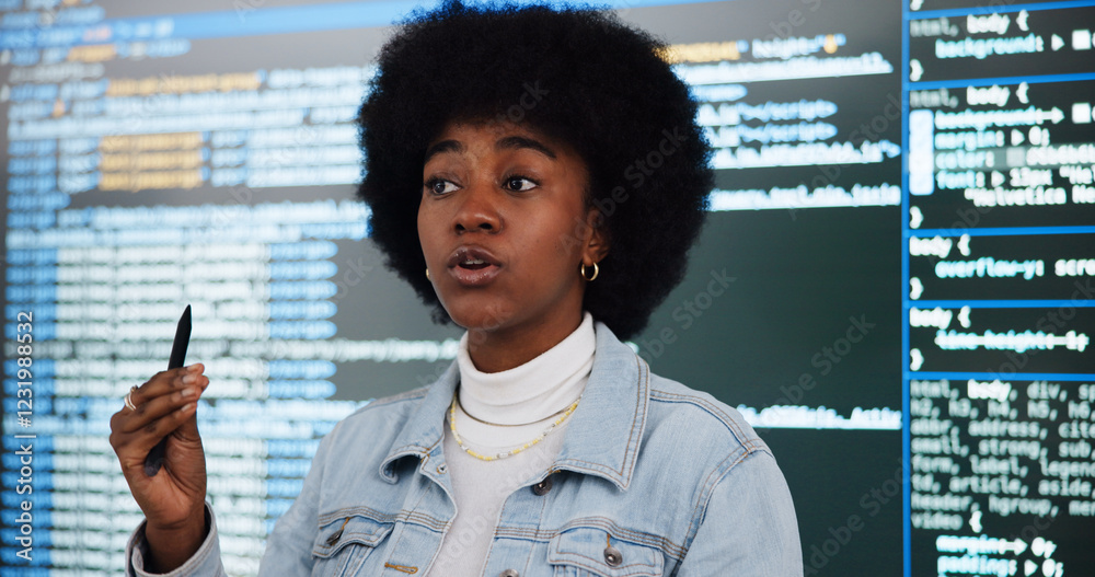 Aufkleber Programming lecture, student and woman in college for learning, education and teaching ai course. African person, class and study coding with data for software development in presentation on screen