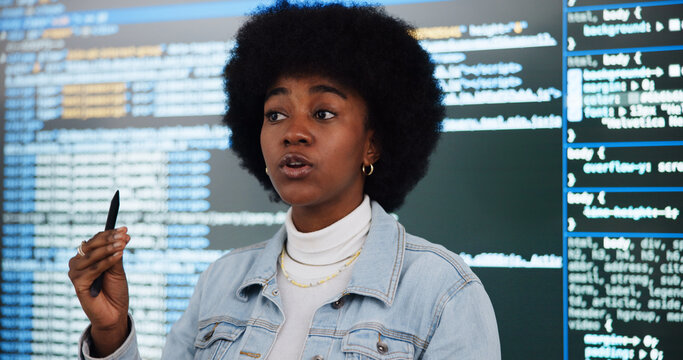Programming lecture, student and woman in college for learning, education and teaching ai course. African person, class and study coding with data for software development in presentation on screen