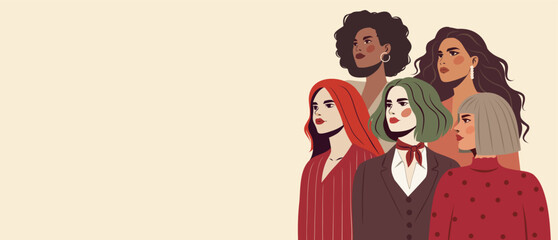 Women's day, equality day. Beautiful different women of different skin colors and hairstyles stand together, symbol of women's strength and freedom. Vector banner with space for text for women's holid