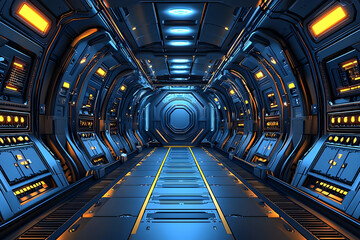 Futuristic spaceship corridor; glowing lights; travel