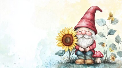 A cute gnome sits beside a sunflower and a mushroom, surrounded by soft blue and beige hues, creating a whimsical and cheerful scene.