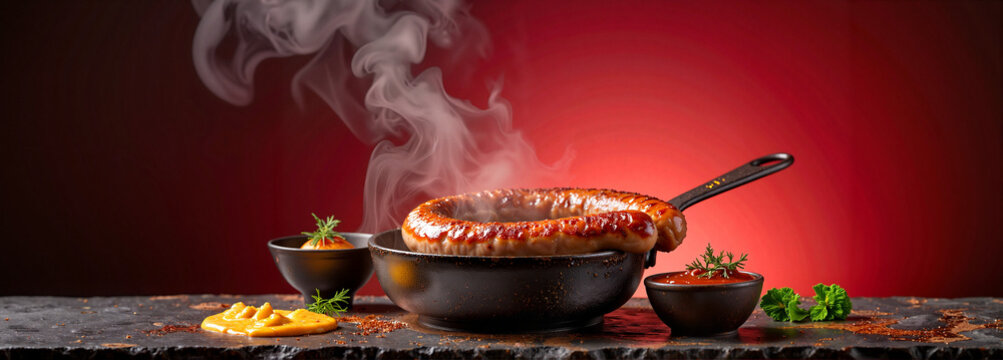 Sizzling kielbasa in skillet with vibrant backdrop, gourmet delight
