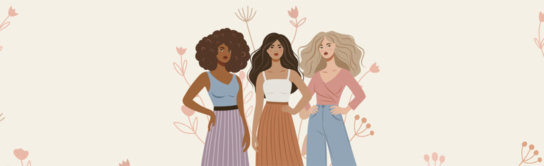 Women's day, Women's month. Women of different skin colors and nationalities stand together in protest poses for freedom and empowerment. Vector illustration with space for text