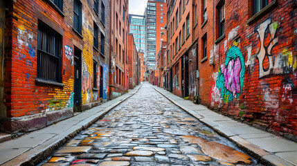 Fototapeta premium Cobblestone street, urban graffiti, city backdrop, travel photography