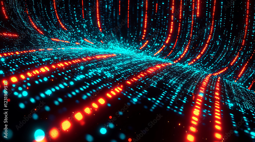 Poster stunning abstract image of vibrant red and teal particles flowing dynamically across a dark backgrou