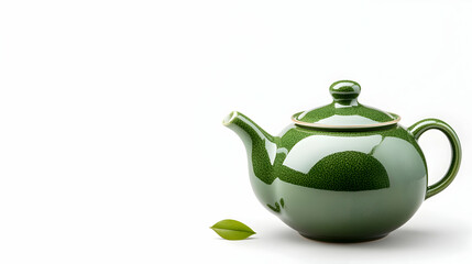 Green teapot with tea leaf, white background,  perfect for tea packaging or website