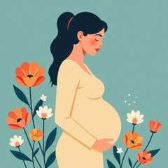 Happy pregnant girl stroking her big belly listening to the baby