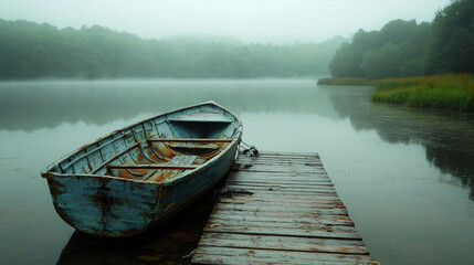 Obraz premium Blue Boat on Lake Shore Foggy Morning
